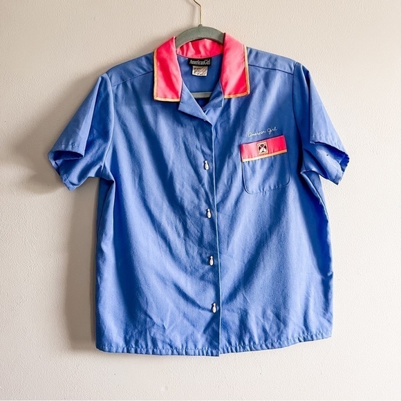 American Girl Vintage Kids Blue & Pink Bowling Shirt Large Bowling Pin Buttons - Picture 6 of 10